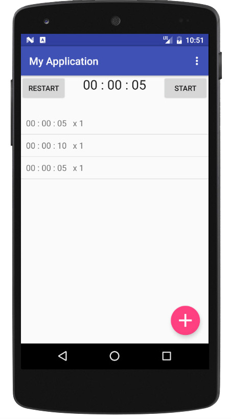 A phone app displaying a timer at the top and series of timers underneeth.