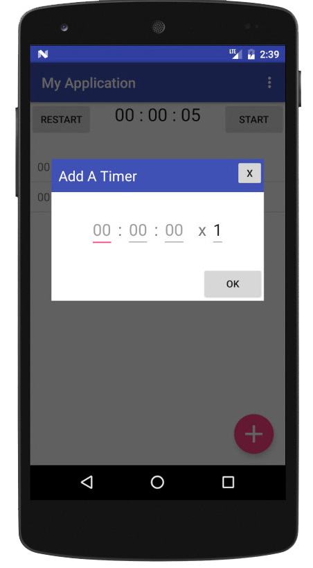 A phone app displaying a modal labeled 'add a timer' with a time input and a 'ok' button.