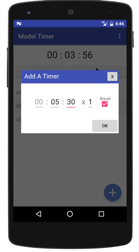 A modal labeled 'add a timer' with a time input and a 'ok' button.