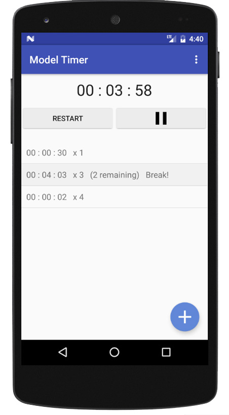 A phone app with the restart and pause buttons moved to after the timer at the top.