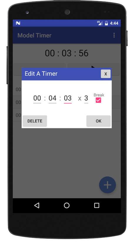 A modal labeled 'edit a timer' with a time input, a delete button, and a 'ok' button.