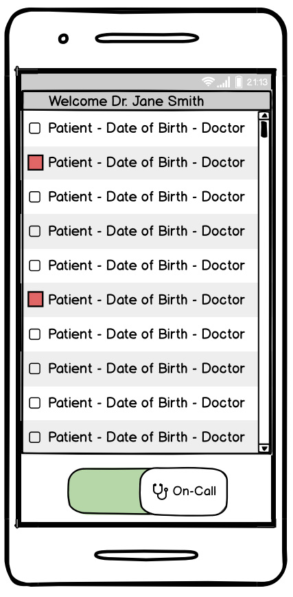 The main screen of the app with a list of patients results. Each item has the paitnets name, date of birth, normal doctor, and critical status.