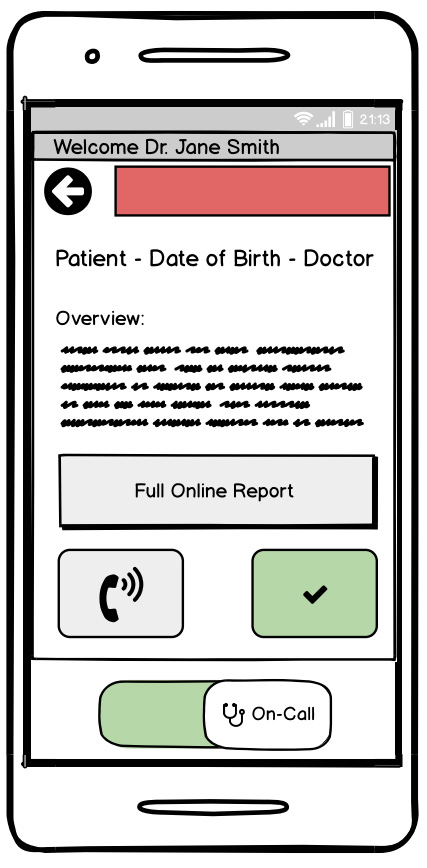 A more detailed view of a result. An overveiw of the result is shown, with a button for the full online report, a call button, and a confirm button.