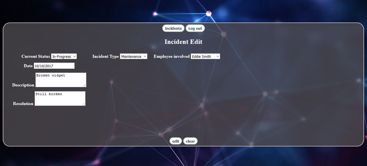 Form with current status, incident type, employee involved, date, description, and resolution inputs.