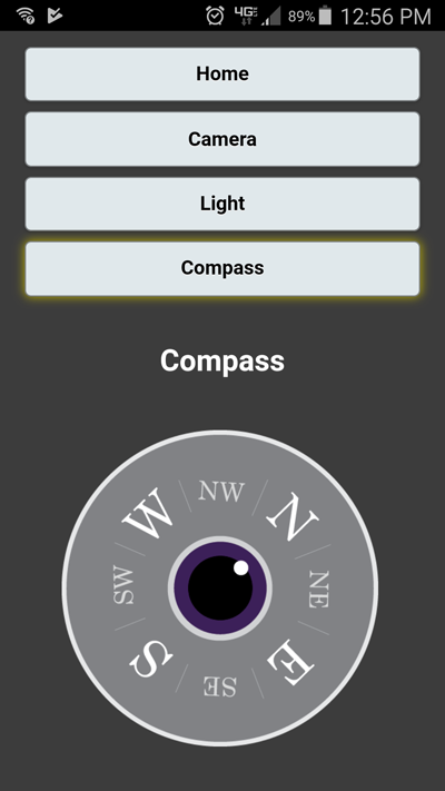 A phone app compass with a eye in the middle. North is facing the top-right.