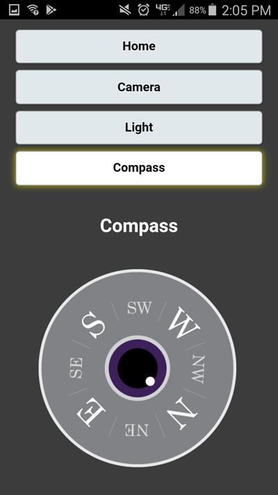 A phone app compass with a eye in the middle. North is facing bottom-right.