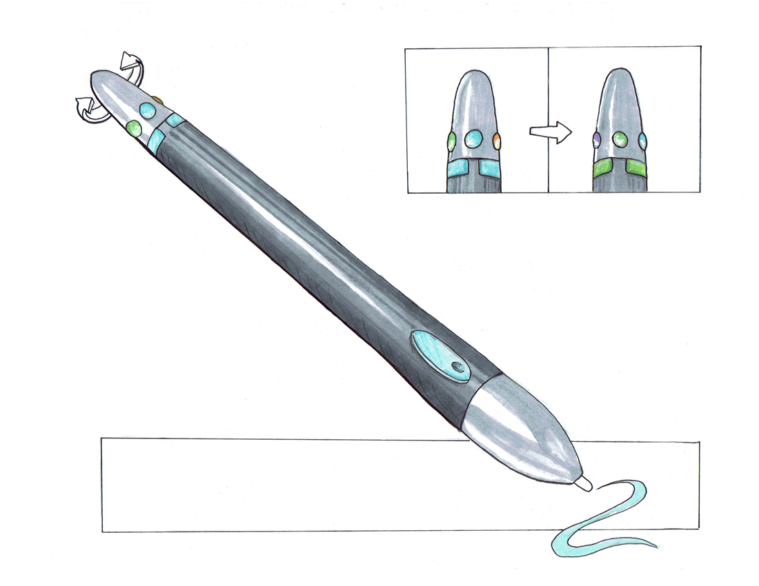 Sketch of a stylus that is black in the middle and white on both ends, similar to a magician's wand. 
                  When the end cap is turned the color being drawn with changes.