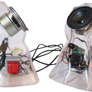 Clear plastic speakers in the shape of cloaked ghosts