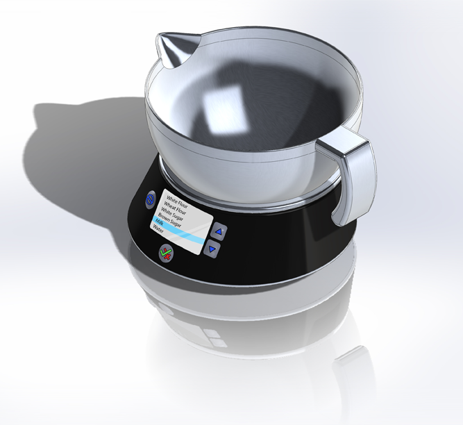 3D rendering of a kitchen scale. Base is circular with an offset smaller circle at the top, to create a slight incline in the front. Front has a digital screen, a tare button on the left, up and down arrow buttons on the right, and a select / cancel button below. Scale is also concave at the top, to fit a round bowl with handle and pour spout.