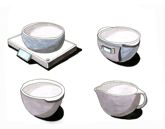 Marker sketches. Different shaped bowls and bowl handles, including interface on bowl and flat-bottomed bowl. 