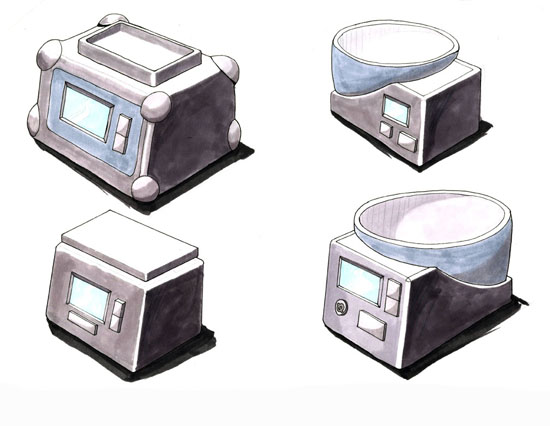 Marker sketches. Different shaped scales, including flat at the top, rectangular, and interface to the side of the bowl. 