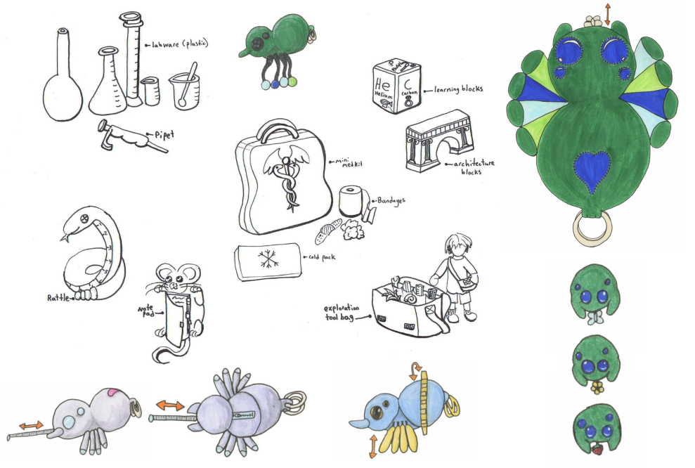 Marker sketches. Ideas include stuffed snake with measuring tape on its belly, blocks with elements such as helium and carbon on them, blocks with architecture designs on them, labware such as pipets and beakers, medical kits with cold packs and bandages, and exploration tool bag with wrenches, rulers, and sample compartments, a plastic spider with a gear around its abdomen, a fabric spider with button eyes and pompom feet, and three variations of what a spider could hold in its mouth: a butterfly, a flower, and a strawberry. 