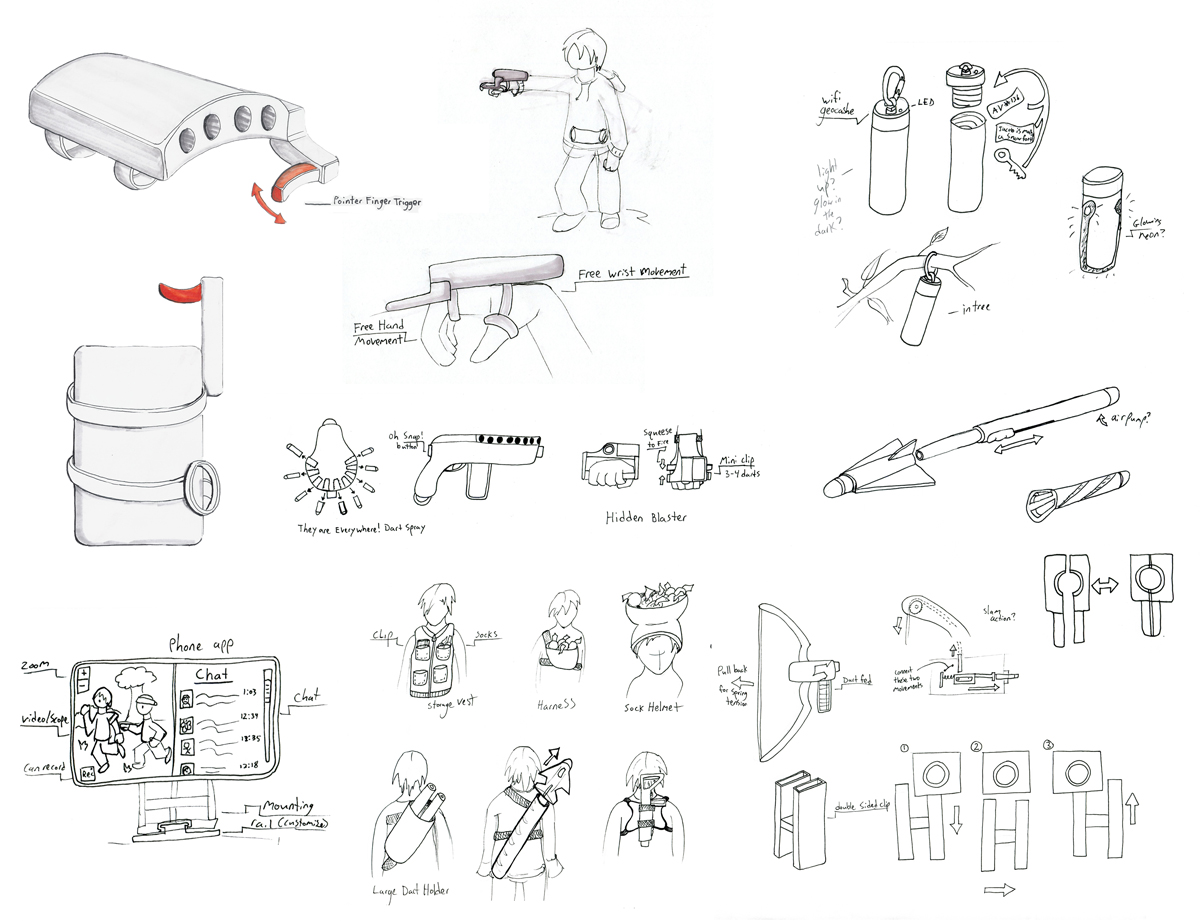 A series of pen and marker sketches including a hand mounted blaster, 
                    a dart-fed bow, a glow-in-the-dark geocache bottle, a double clip attached in an H shape, a rail mounted phone holder and matching video recording/chat app, 
                    sock and large dart holders, and a blaster that shoots darts in all directions at once. 