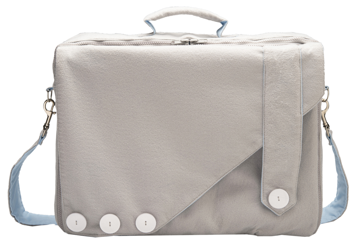 A felt laptop bag with asymmetrical front flap and large round buttons.